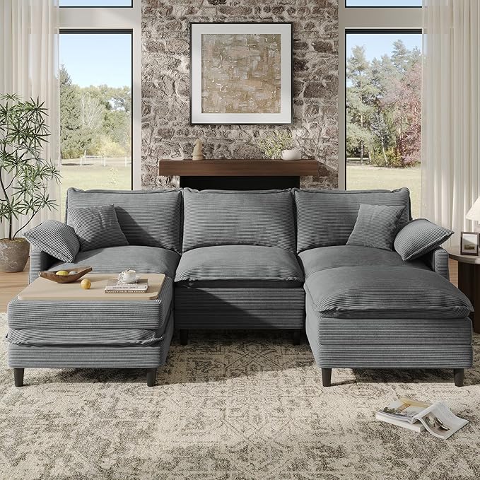 108" U Shaped Modular Sectional Cloud Couch with Two Ottoman, Snap-on Easy Installation 5-Piece Deep Seat Sofas with Storage Bag and Coffee Table for Living Room, Corduroy, Gray