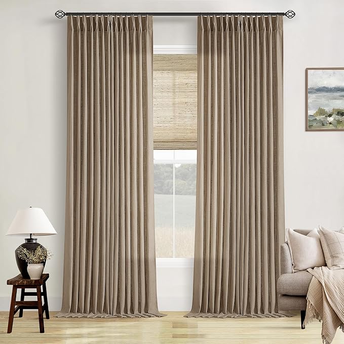 Farmhouse Tan Brown Linen Curtains 102 Inches Long for Living Room Pinch Pleated Drape with Hooks Rings for Track System Light Filtering 102 Inch Curtain for Bedroom Sliding Patio Door 2 Panels