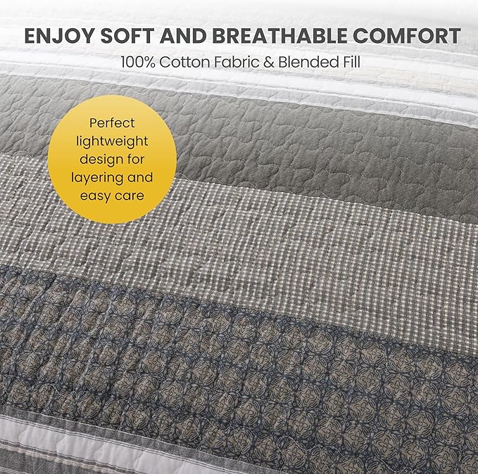 Soul & Lane Madrona 3-Piece Pieced Cotton Quilt Set - King Size with 2 Shams, Modern Masculine Quilted Bedspread in Brown and Gray, Contemporary Striped Bedding for Men's Bedroom