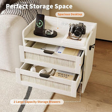 Rattan Nightstand, Bedside Table with Type-C Charging Station - 2 Storage Drawer Space, Boho End Table Side Table for Bedroom Office, Large Night Stand with Charging Port