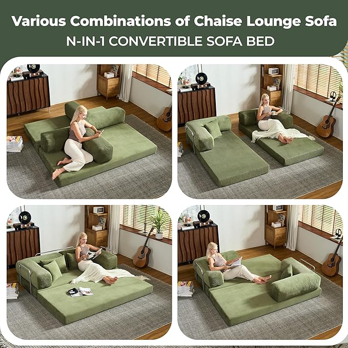 78 Inch Convertible Sofa Bed, Corduroy Boneless Couch with Fixed Frame and 4 Pillows, Modular Sectional Couch for Living Room Bedroom Studio Floor Bed Loveseat Sofa (Green)