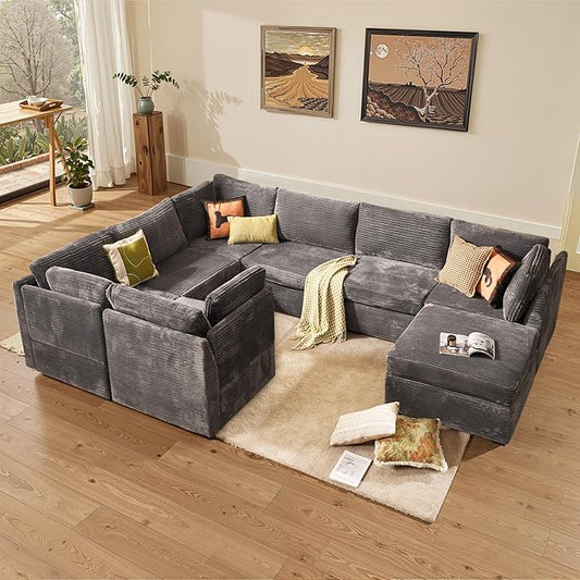 Large 8 Seat Modular Sectional Sofa with Ottoman Seat Corduroy Sleeper Sectional Sofa Bed Oversized Convertible Modular Couch for Living Room