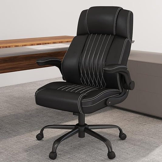 ZZH Ergonomic Office Chair High Back with Lumbar Support, Leather Executive Desk Chair, Flip-Up Arms, 360° Swivel & Height Adjustable, 1PC, Black