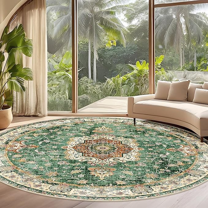 Large Green Round Rug 9ft, Boho Circle Area Rugs for Bedroom Living Room,Washable Vintage Bohemian Distressed Oriental Floral Carpet Non Slip,Retro Sage Floral