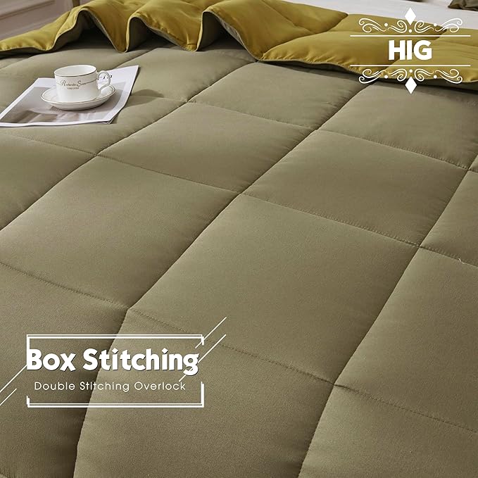 HIG 3pc Dark Olive King Size Comforter Set - All Season Reversible Down Alternative Comforter with Two Shams - Quilted Duvet Insert with Corner Tabs - Box Stitched Blanket - Breathable, Soft, Fluffy