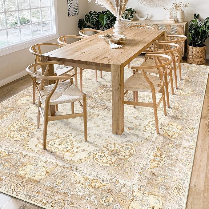 Beige Rug 6'x9' Area Rugs,Boho Washable Rug for Living Room Bedroom Dining Room,Large Vintage Bohemian Distressed Oriental Carpet Non Slip,Retro Gold Floral