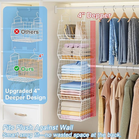 5 Tier Extended Depth Hanging Closet Organizer with Adjustable Width and Height Hanging Rod, Storage Shelves for Sweaters Towels Handbags, Stackable Metal Bins for Closet, Laundry, Dorm, White