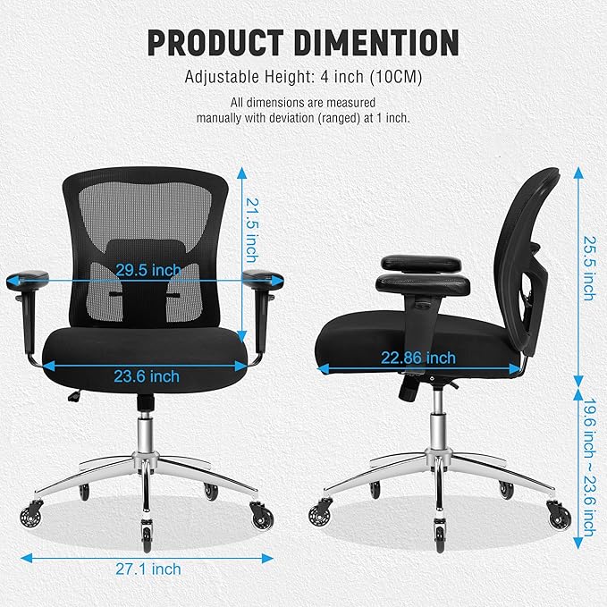 Big and Tall Office Chair 600lbs, Heavy Duty Ergonomic Mesh Chair, Computer Executive Desk Chair with Wide Thick Seat, Adjustable Armrests, Lumbar Support