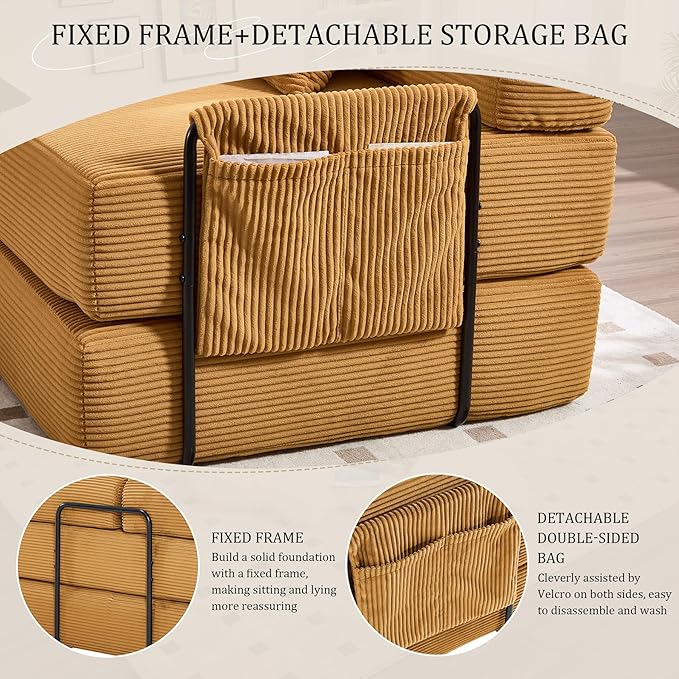 106" Oversized Convertible Sleeper Sofa Bed, Corduroy L Shape Sectional Couch, Folding Sofa Bed with Side Pocket, Modern Cloud Floor Mattress Couch, Modular Sofa for Living Room, Mustard Yellow