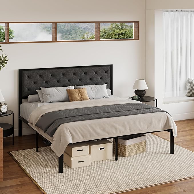 SHA CERLIN King Size Metal Platform Bed Frame,Linen Upholstered Button Tufted Headboard, Mattress Foundation with 12.4” Under-Bed Storage, Noise-Free, Easy Assembly, No Box Spring Needed, Dark Grey