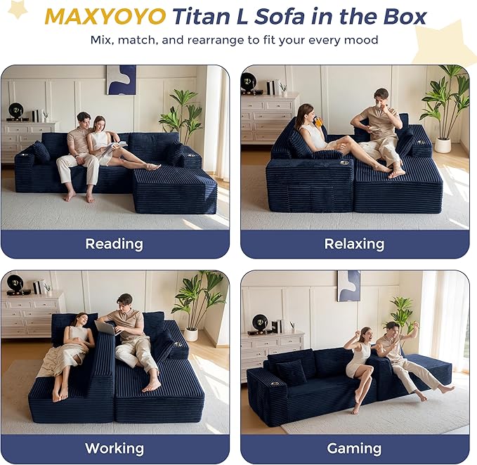 MAXYOYO 104" Modular Sectional Couch with L-Shape Chaise, Modern Boneless Couch for Living Room, Sofa in A Box, Oversized Sofa Sleeper with Deep Seat, No Assembly Required, Navy