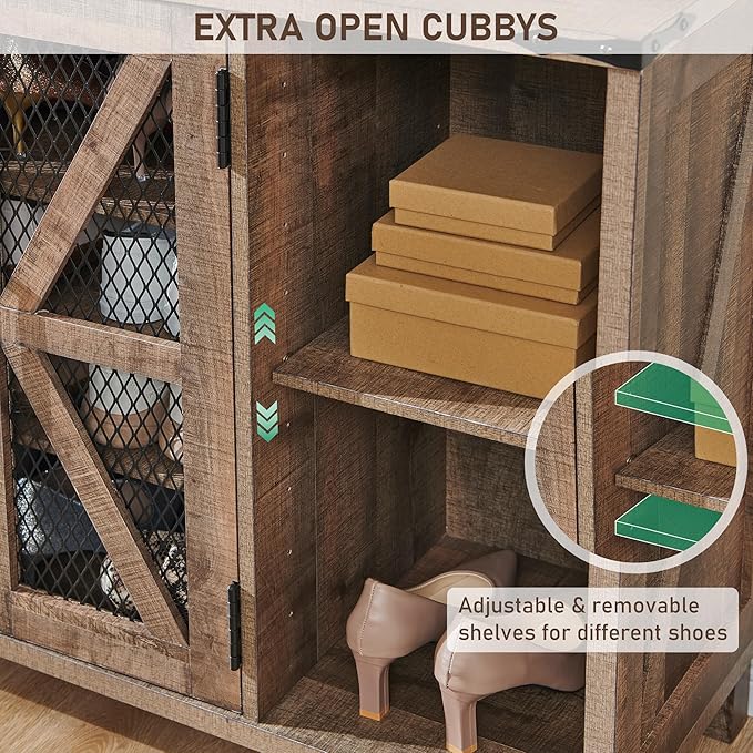JXQTLINGMU Shoe Storage Cabinet, 38" Wide Farmhouse Shoe Cabinet with Mesh Doors and Adjustable Shelves, Rustic Wooden Shoe Organizer, Modern Large Shoe Cabinet Storage for Entryway, Light Brown