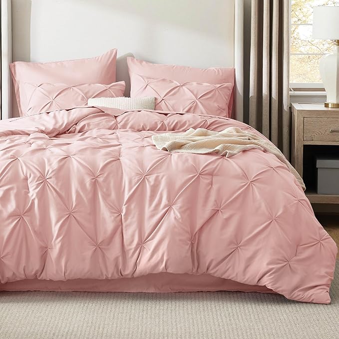 Bedsure Full Comforter Set Pink - Bed in a Bag Full Size Bedding Set 7 Pieces, GentleSoft™ Pintuck Bed Set Gift for Family, Pinch Pleat All Season Comforter with Sheets, Pillowcases & Shams