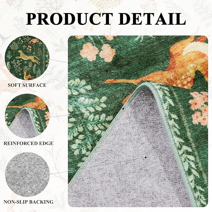 DUKINO 2x10 Rug for Hallway, Washable Kitchen Runner Rug with Non Slip Backing, Soft Low Pile Vintage Animal Runner for Bedroom, Kitchen, Hallway, Entryway, Laundry, Green