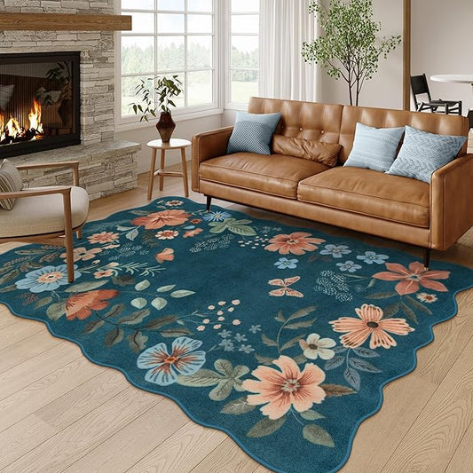 Lahome Floral Washable Area Rug, Ultra-Thin Soft Non-Slip Stain Resistant Lightweight Boho Rug for Living Room, Bedroom, Dining Room, Office (5x7ft, Navy Blue)