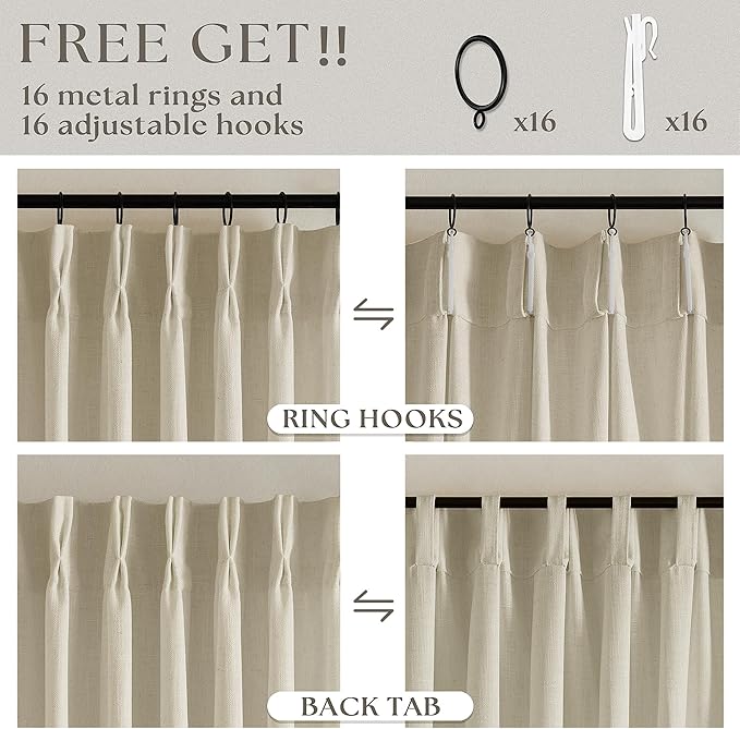 Linen Pinch Pleated Linen Curtains 2 Panels for Living Room Bedroom Memory Training Shaped Semi Sheer Pleat Drapes with Hooks Rings Light Filtering Window Curtain 40x45
