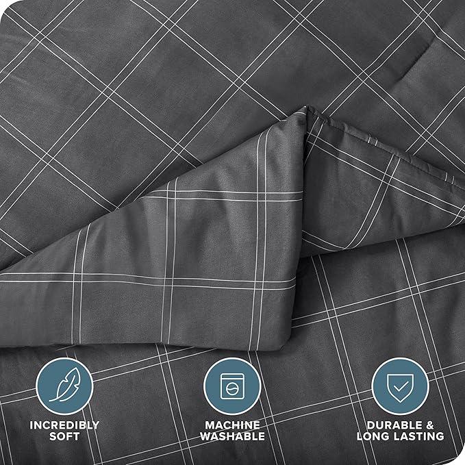 Bare Home Bed-in-A-Bag 7 Piece Comforter & Sheet Set - Queen - Track Stitch - Goose Down Alternative - Ultra-Soft 1800 Premium - Bedding Set (Queen, Modern Plaid - Grey/White)
