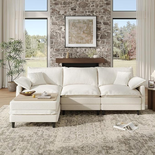 108" L Shaped Modular Sectional Cloud Couch with Ottoman, Snap-on Easy Installation 3 Seater Deep Seat Sofa with Storage Bag and Coffee Table for Living Room, Corduroy, Beige