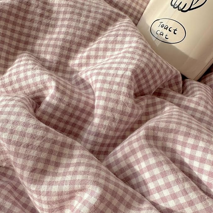 mixinni Purple White Gingham Duvet Cover Twin XL Size - 3 Piece Cottagecore Plaid Bedding Set with Lace Trim, Soft Washed Microfiber Vintage Aesthetic Grid Comforter Cover & Pillow Shams