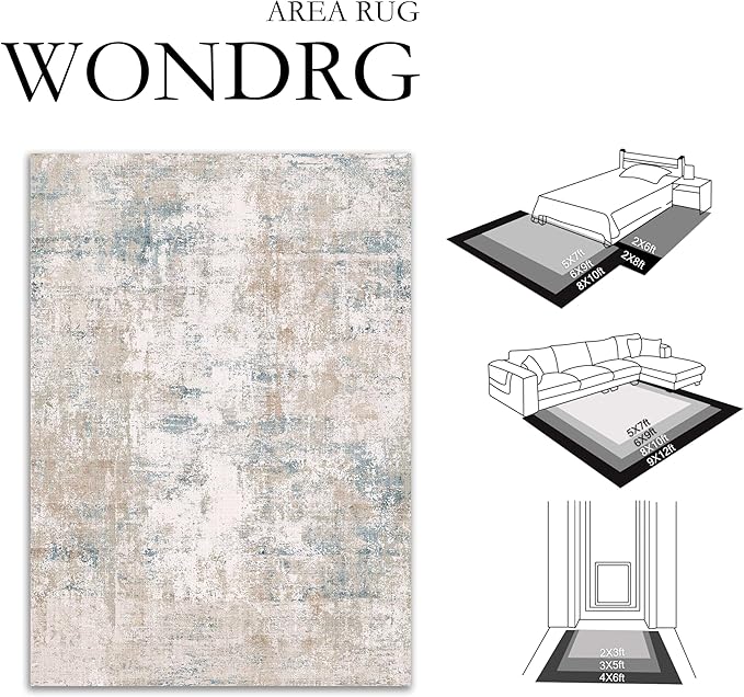 9x12 Area Rug Beige Blue Abstract Living Room Bedroom Washable Carpet Neutral Modern Non Slip Soft Low Pile Large Throw Rug for Dining Room Kitchen Office