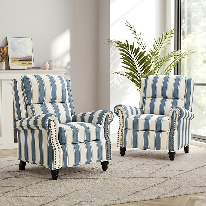 Recliner Chair, Modern Pushback Armchair with Adjustable Backrest & Footrest for Bedroom, Living Room (Navy Blue Stripe,Set of 1)