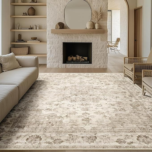 12x15 Neutral Area Rug Beige Vintage Living Room Bedroom Washable Carpet Non-Slip Soft Low Pile Floral Indoor Extra Large Throw Rug for Dining Room Office