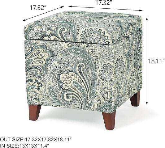 Adeco 18 Inch High Cube Ottoman Storage, Paisley Linen Chair Foot Stools, Upholstered Vanity Stool with Hinged Lid, Solid Wood Legs