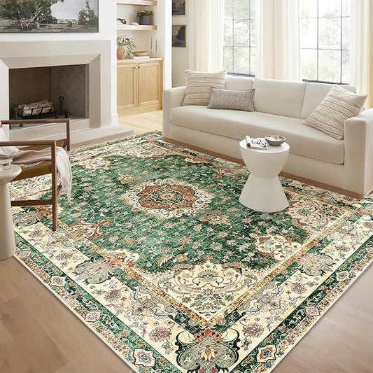 5'x7' Area Rugs Washable,Green Rug for Living Room Bedroom,Large Boho Vintage Bohemian Distressed Oriental Carpet Non Slip,Retro Sage Floral