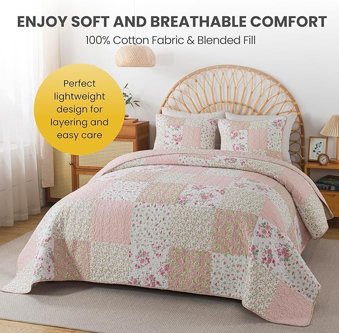 Soul & Lane Blush Bloom Cotton Quilt Set - Queen Size with 2 Shams, Floral Patchwork Quilted Comforter, Lightweight Country Pieced Bedspread in Blush and Pink, Roses Patch Work Bedding