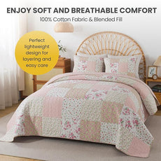 Soul & Lane Blush Bloom Cotton Quilt Set - King Size with 2 Shams, Floral Patchwork Quilted Comforter, Lightweight Country Pieced Bedspread in Blush and Pink, Roses Patch Work Bedding
