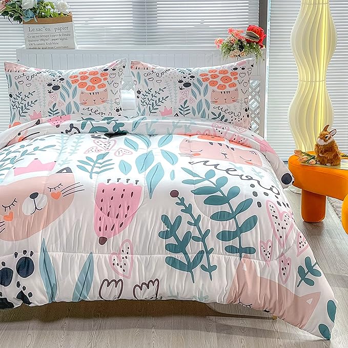 CVHOUSE Cat Bedding,Cartoon Cat Comforter Queen,Animals Print Comforter Set for Kids,Kawaii Quilt Set with 1 Comforter and 2 Pillow Cases