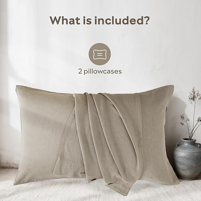 JELLYMONI 100% Washed Cotton King Pillowcases Set, 2 Pack Linen-Like Texture Breathable Pillow Covers with Button Closure,Pillows are not Included (King 20"×36", Taupe)