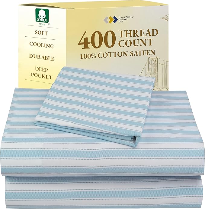 California Design Den Printed Twin XL Sheet Sets - 400 Thread Count Sateen, Natural 100% Cotton Sheets, Deep Pockets, and Durable Bedding Set - Cape Stripe CaliforniaDesignDen