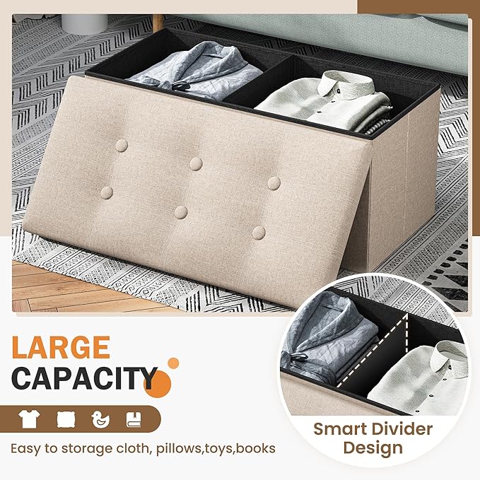 Youdesure Folding Storage Ottoman Bench, Footrest Couch for Living Room, 30 inch Storage Bench with Padded Seat for Bedroom Hallway, Holds up to 350lbs, Linen Fabric Beige