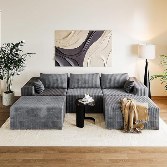 110" Cloud Couch Sectional for Living Room U-Shape Boneless Couches Modular Sectional Sofa with Deep Seat with Chaise,No Assembly Required, Carbon Gray(Plush Corduroy Fabric)