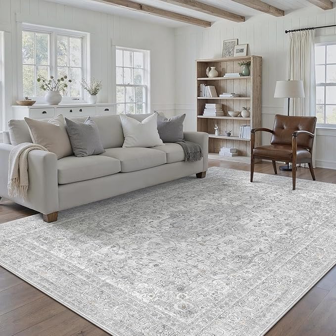 Gray Area Rug 5x7 for Living Room Washable Vintage Carpet Low Pile Non Slip Distressed Soft Traditional Retro Oriental Grey Accent Throw Rug Office Kitchen Bedroom Bathroom Dining Room