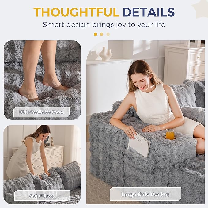 MAXYOYO 104" Modular Sectional Couch with L-Shape Chaise, Modern Boneless Couch for Living Room, Sofa in A Box, Faux Fur Sofa Sleeper with Deep Seat, No Assembly Required, Grey