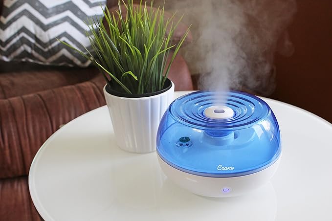 Crane Personal Ultrasonic Cool Mist Travel Humidifier and Vaporizer for Congestion Relief, 360° Adjustable Nozzle, Filter-Free .75 Liter Tank, Blue/White, Office Humidifier