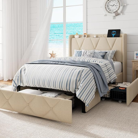 Twin Bed Frame with 4 Storage Drawers, Upholstered Platform Bed with Charging Station, Modern Wingback Storage Headboard, Easy Assembly,Noise-Free, Beige