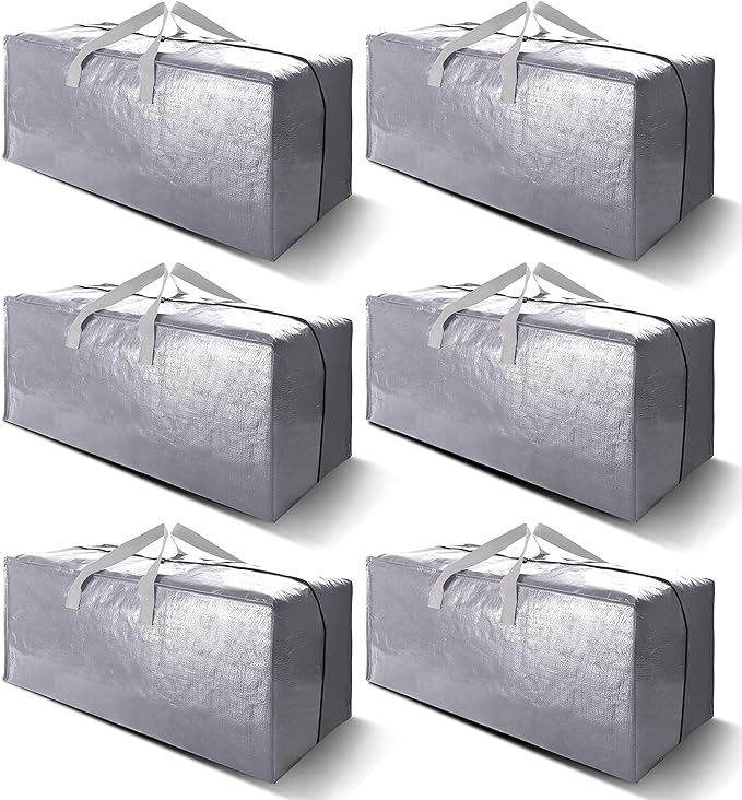 Heavy Duty Extra Large Moving Bags W/Backpack Straps - Strong Handles & Zippers, Storage Totes For Space Saving, Fold Flat, Alternative to Moving Box and Storage Bin (Set of 6, Silver)