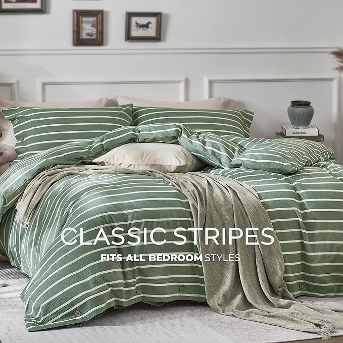 JELLYMONI Cotton Duvet Cover King Size - Green Striped Comforter Cover with Button 100% Washed Cotton 3PCS Breathable Soft Solid Bedding Set Duvet Cover 104×90in & 2 Pillowcases (NO Comforter)
