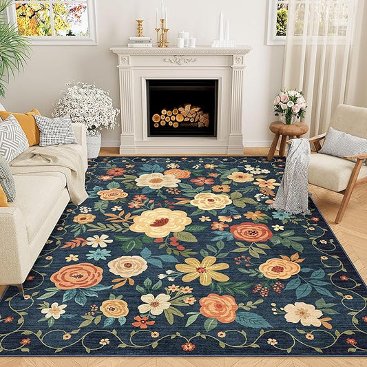 DUKINO 6x9 Area Rug, Floral Rugs for Living Room, Lightweight Non Slip Washable Rug, Indoor Low Pile & Non-Shedding Boho Design Rugs for Bedroom, Living Room, Dining Room, Dark Blue