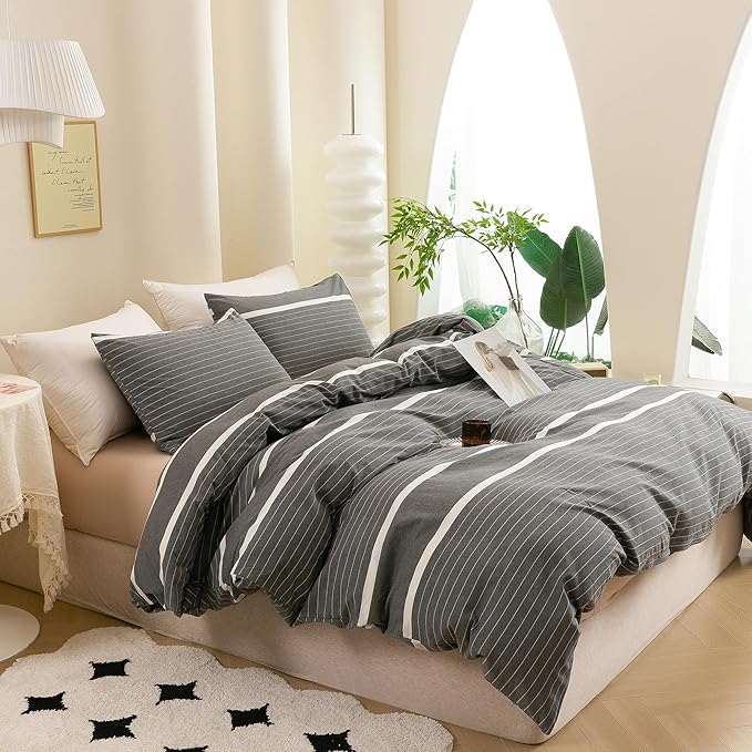 ECOCOTT Grey Striped Duvet Cover Oversized King Size, 100% Washed Cotton 3-Piece Bedding Set - Ultra Soft, Breathable & Easy Care with Zipper Closure and 2 Pillowcases, No Comforter