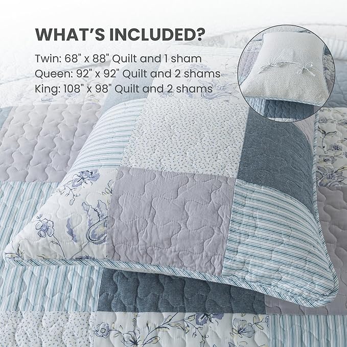 SLPR Coastal Dream Cotton Pieced Quilt Set - Queen Size with 2 Shams, Soft Purple & Blue Patchwork Quilted Bedspread, Farmhouse Country Style Bedding for All Seasons
