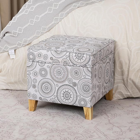Adeco 17" Square Ottoman with Storage, Small Mandala-Persian Flower Pattern Storage Ottoman Foot Rest with Hinged Lid & Solid Wood Legs, Linen Fabric Foot Stool for Living Room & Bedroom