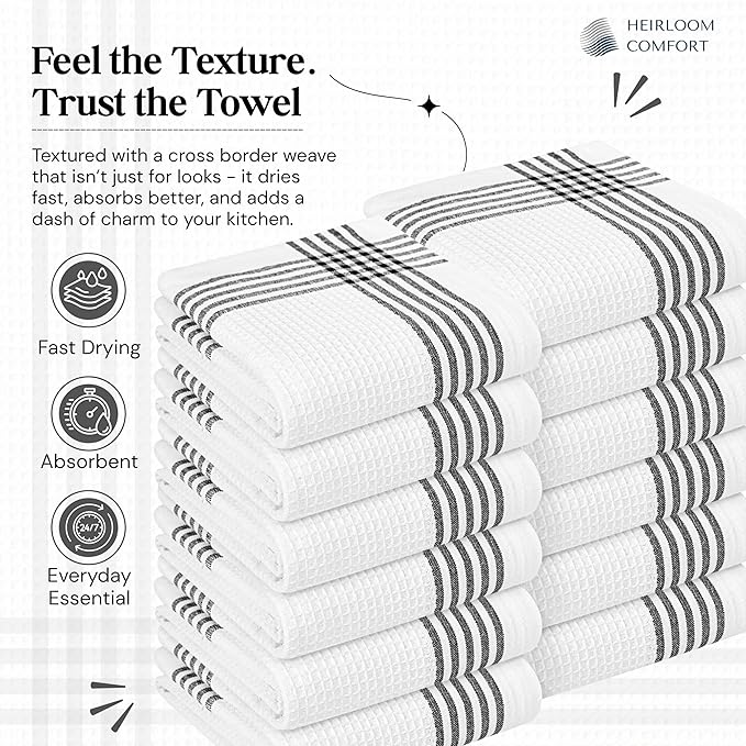 Black and White Kitchen Towels 12 Pack, 16x26 Inch, 100% Cotton Waffle Weave, Super Absorbent, Quick Dry, Reusable Dish Towels for Cleaning, Drying, Cooking, Washing