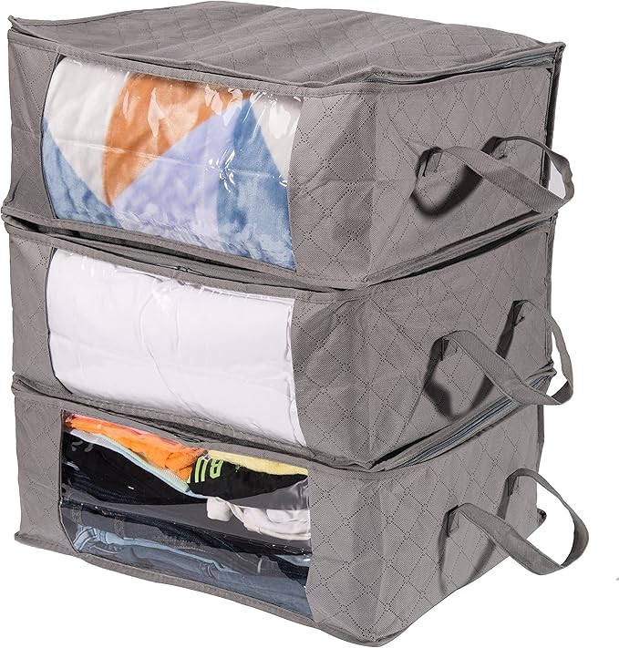 Amazon Basics Foldable Large Zipper Storage Bag Organizer Cubes with Clear Window & Handles, 3-Pack, Gray