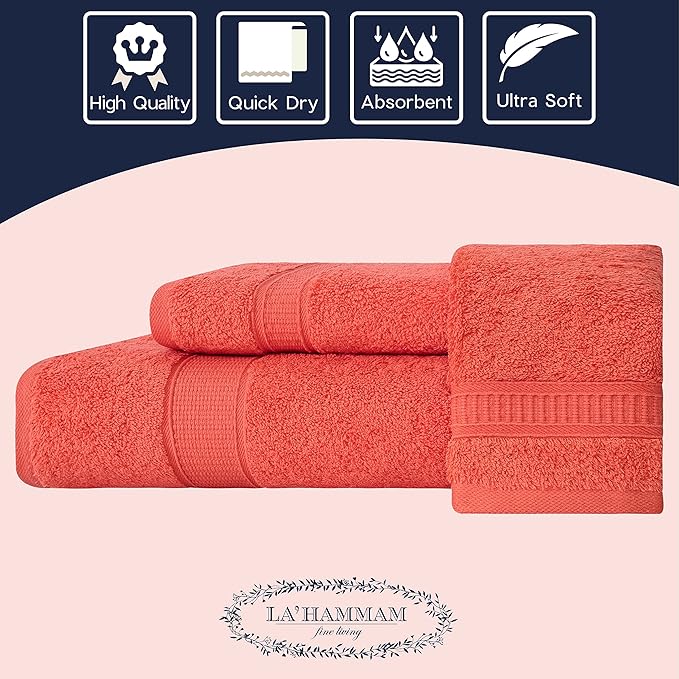 Personalized Towels, Hotel & Spa Quality, Super Soft, Highly Absorbent, Bathroom Sets, 100% Cotton Monogrammed towels 3 Piece Towel Set, Includes 1 Bath Towels, 1 Hand Towels, 1 Washcloths, Coral