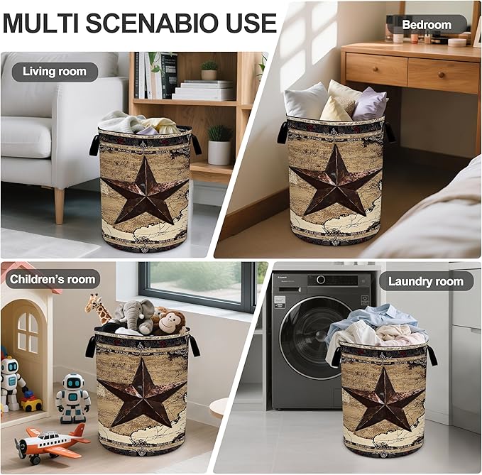 Western Texas Star Laundry Basket Foldable Oxford Cloth Tote Bag Laundry Hamper Clothes Storage Bucket Organizer For Bathroom/Laundry Storage/Bedroom 19.6x15.7 Inch