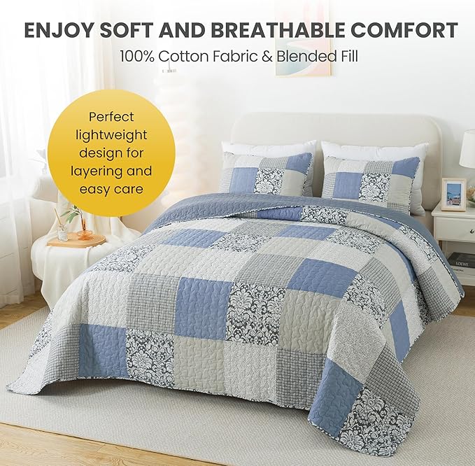 SLPR Sweet Dreams Cotton Quilt Set - King Size with 2 Shams, Pieced Patchwork Bedding in Blue and Gray, Country Style Farmhouse Quilted Bedspread